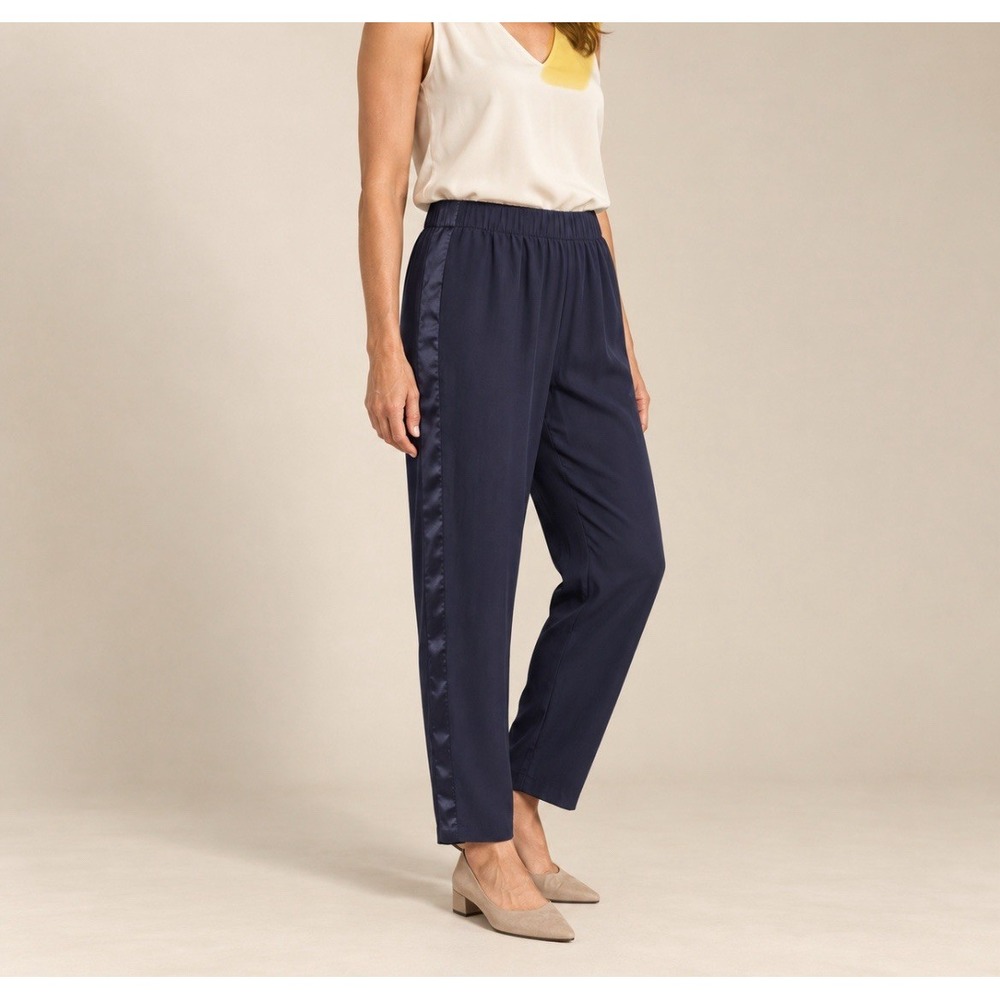 Eileen Fisher 100% Silk Navy Pull On Trousers Straight M Side Stripe Capsule